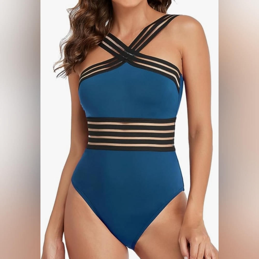 Hilor One Piece Crossover Hollow‎ Midriff Sexy Bathing Suit Size Small